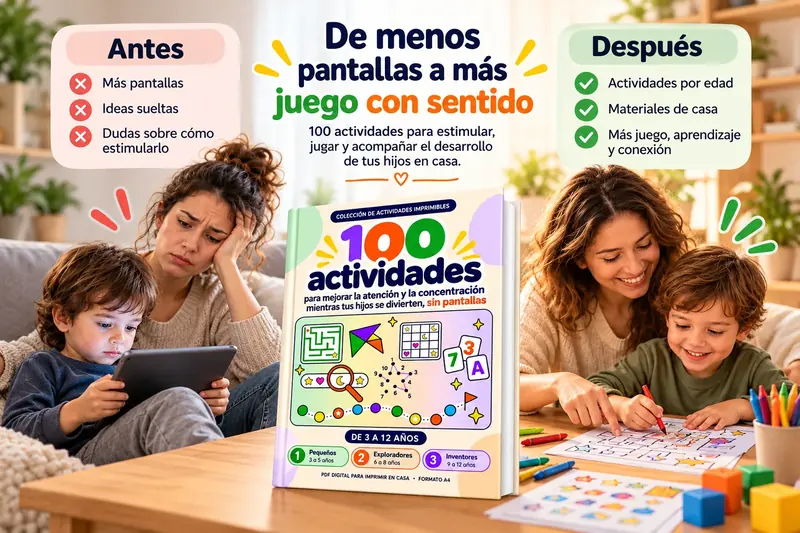 Antes: niño usando una tableta y madre preocupada. Después: madre e hijo disfrutando juntos de actividades impresas de Mentes en Juego.