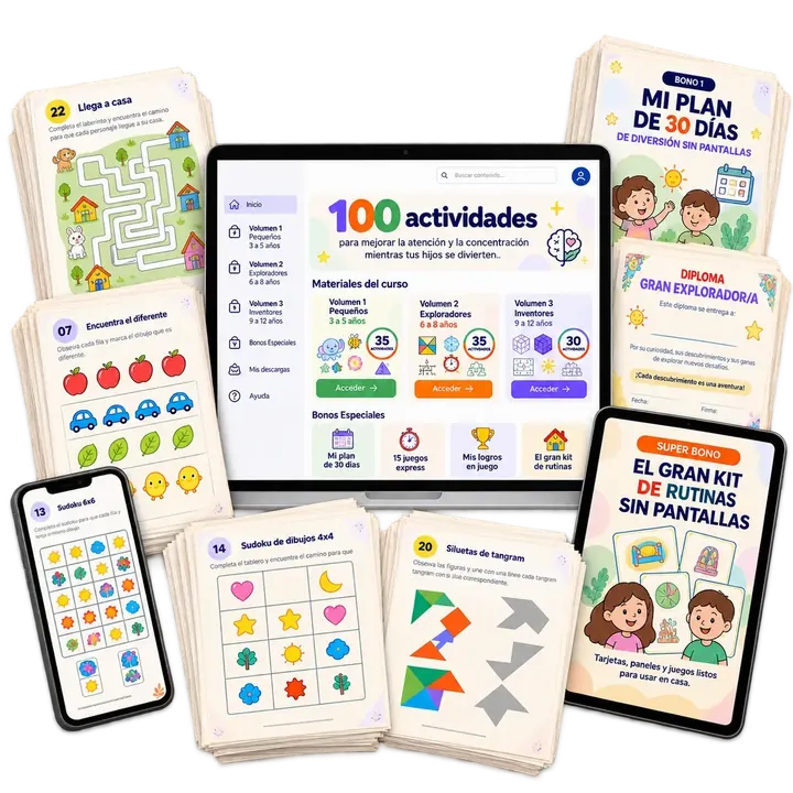 Colección Mentes en Juego con ejemplos de actividades y bonos